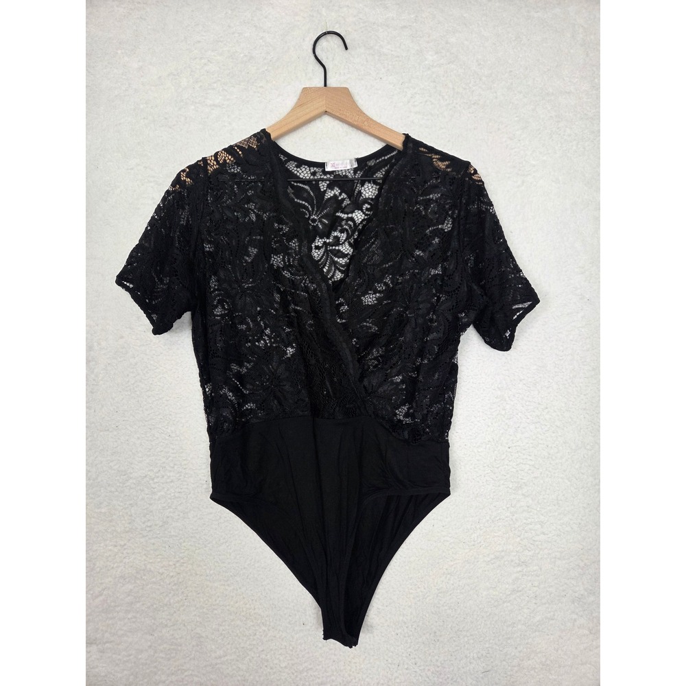 Avidlove Womens Black Floral Lace Surplice V-Neck‎ Bodysuit XL Short Sleeve Snap